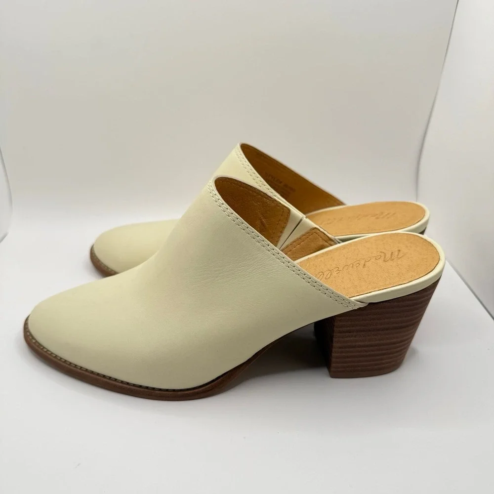 Madewell Woman's Harper Ivory Bone Leather Slip On Stacked Block Heels- Size 8